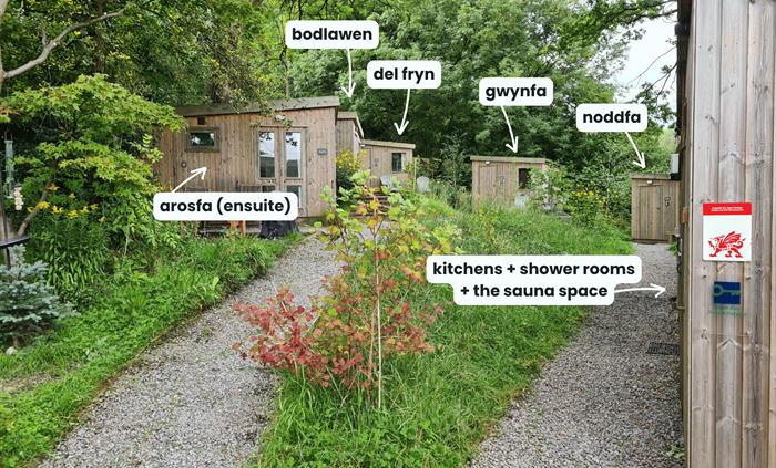 Wooden cabins in the trees with name labels